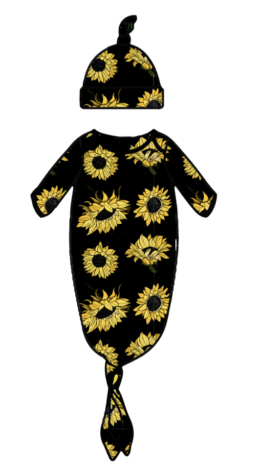 Sunflowers on Black Bamboo Knotted Newborn Gown + Hat Set