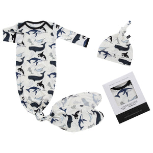 Watercolor Whales Bamboo Knotted Newborn Gown + Hat Set
